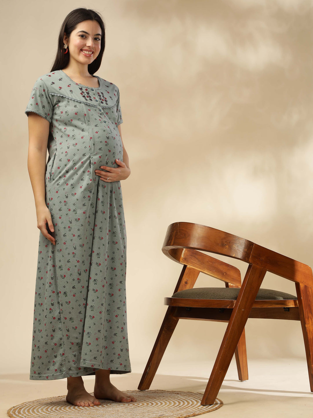 Greenish Green Maternity Nightdress for Women