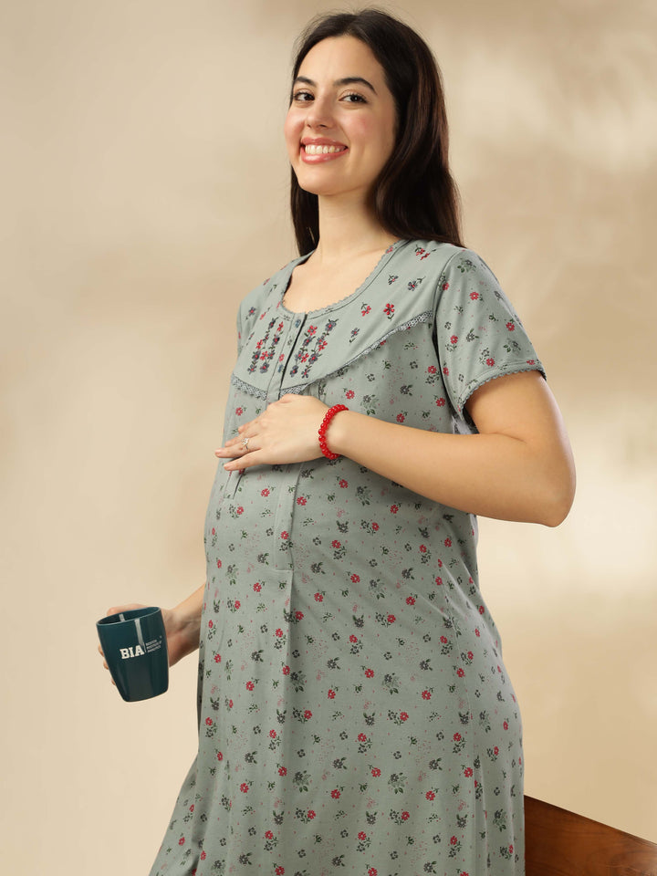 Greenish Green Maternity Nightdress for Women