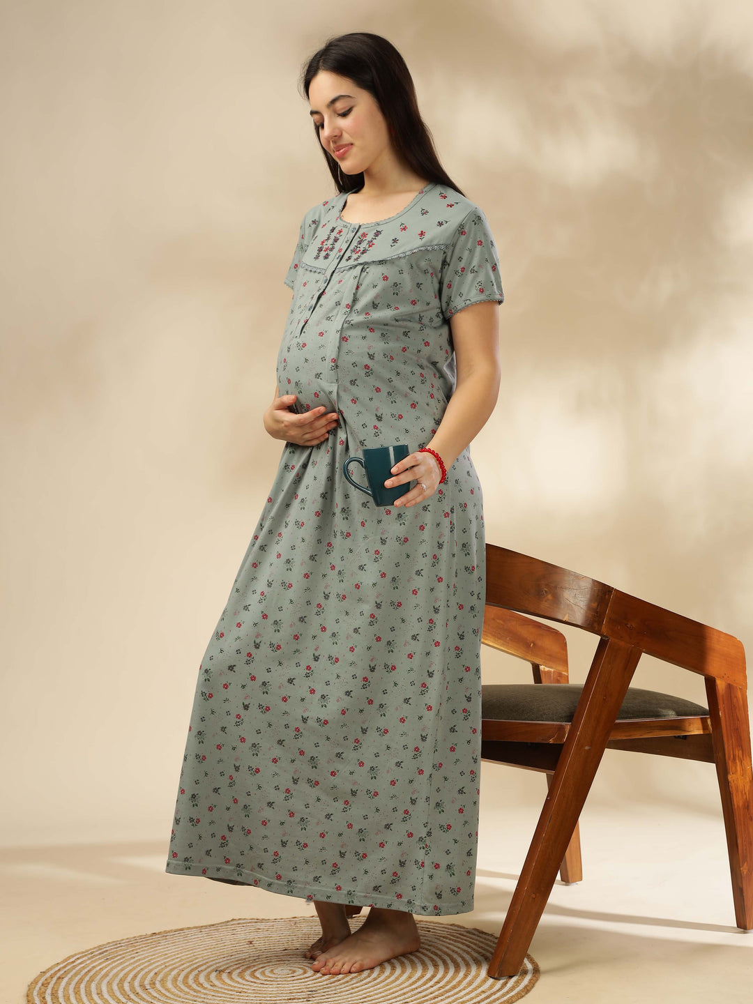 Green Maternity Nighty Dress For Women