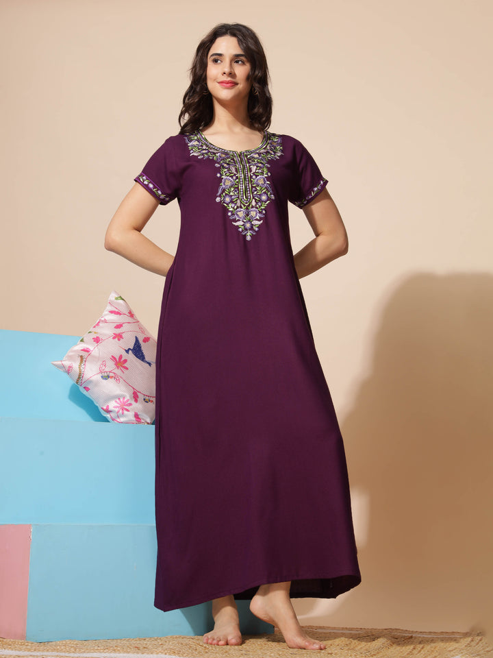  Alpine Nighty  New Embroidery Meets Alpine Elegance: Purple Designer Nighty- 9shines label 