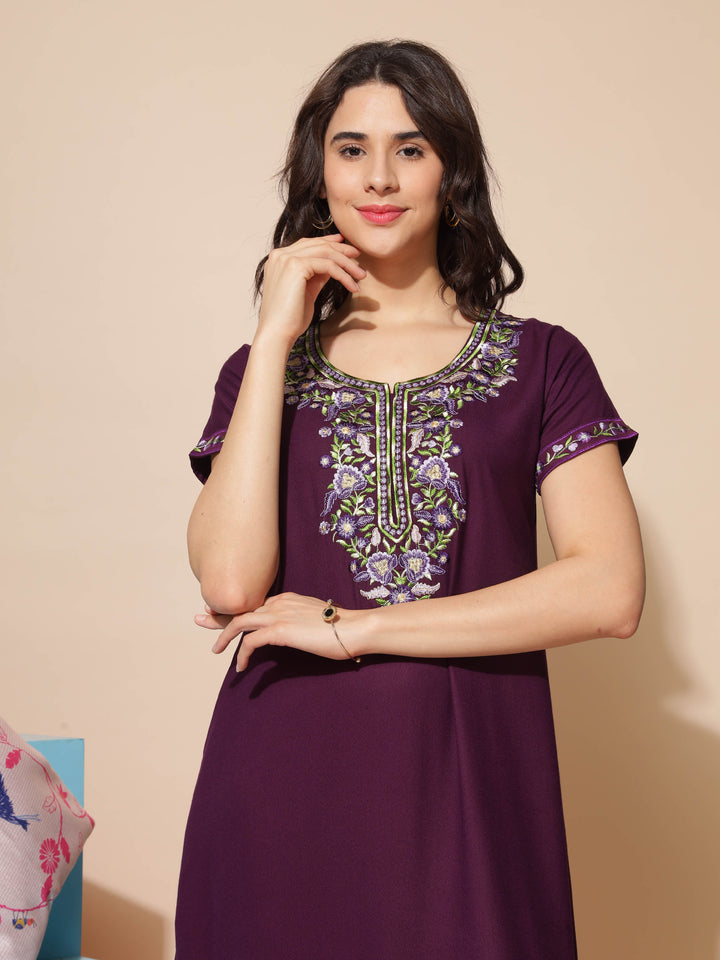  Alpine Nighty  New Embroidery Meets Alpine Elegance: Purple Designer Nighty- 9shines label 