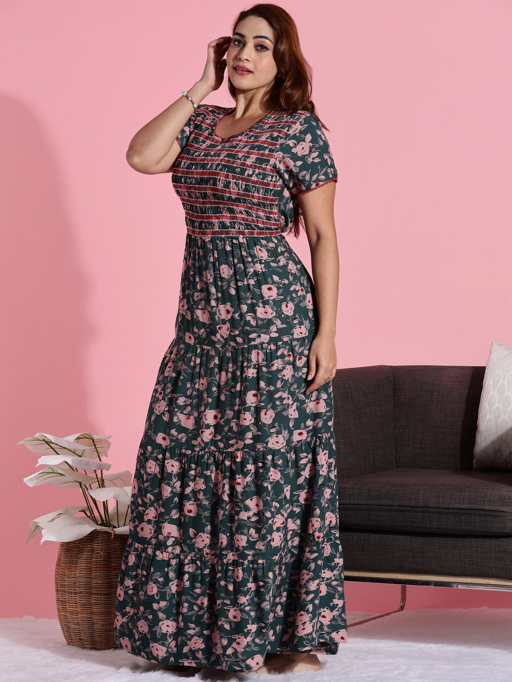 Forest Green Rayon Smocked Frock Style Nighty for Women