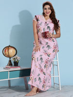 Lilly Pink Floral Print Rayon Nightdress with Lace Detailing