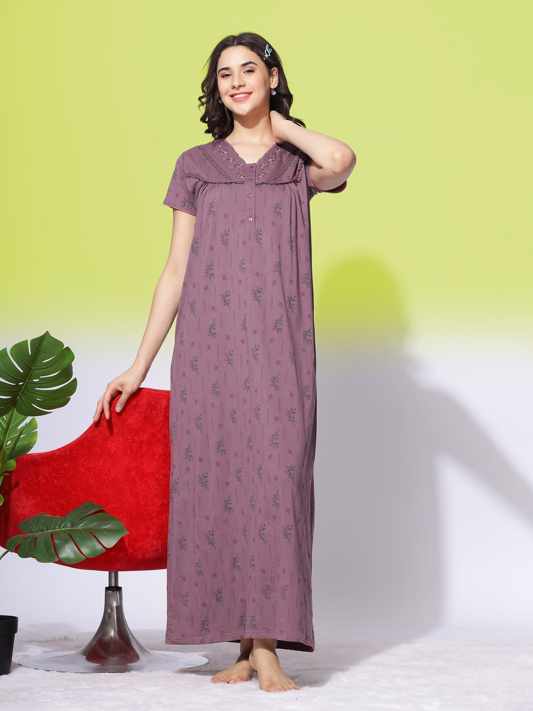  Cotton Blend Nighty  Purple Cotton Blend Maxi Nightdress with Floral Print and Handy Pocket- 9shines label 