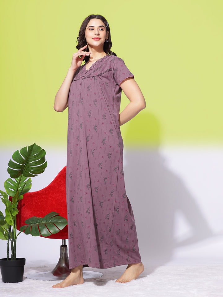  Cotton Blend Nighty  Purple Cotton Blend Maxi Nightdress with Floral Print and Handy Pocket- 9shines label 