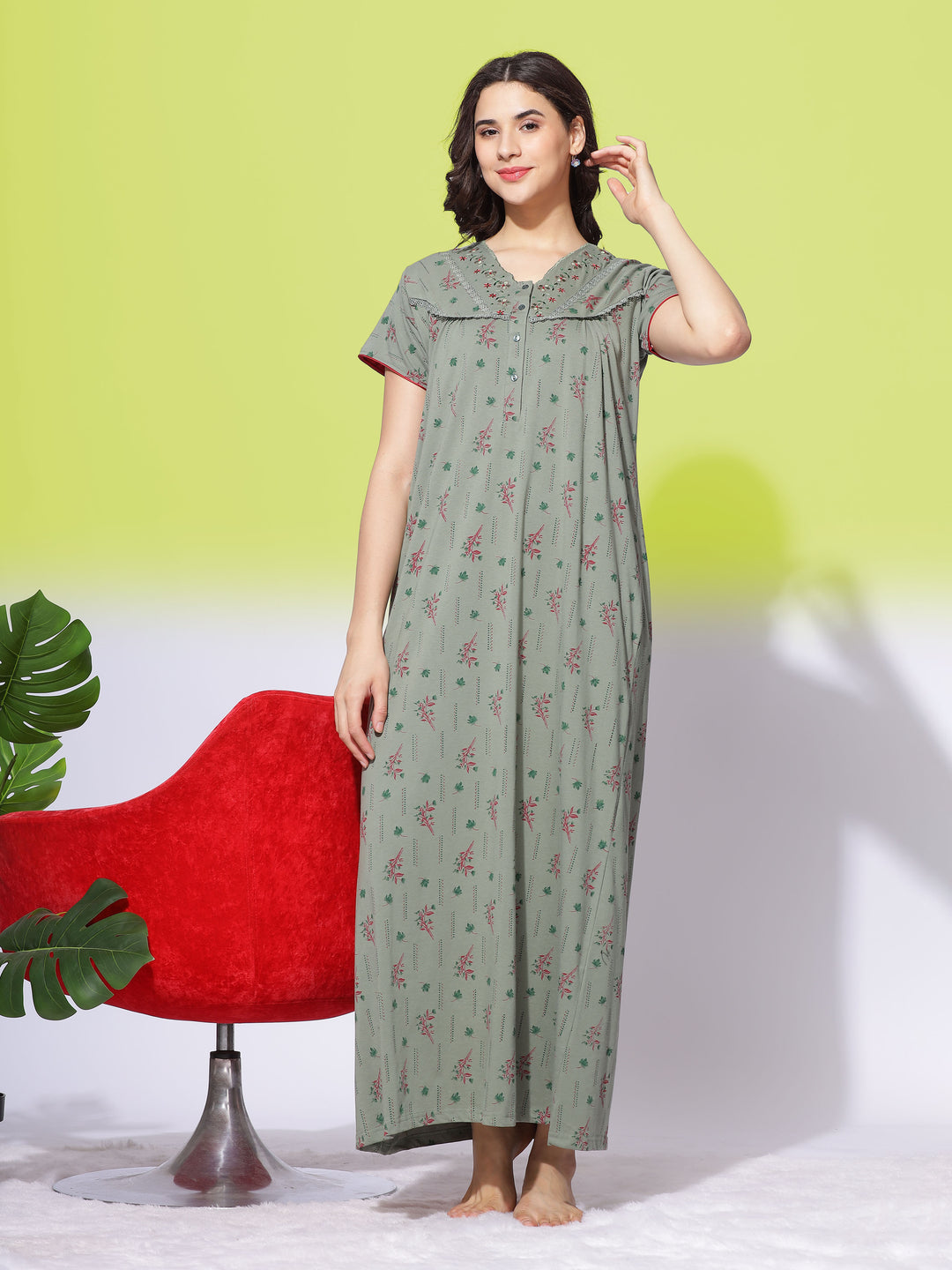  Cotton Blend Nighty  Olive Green Soft Maxi Nightdress - Ultimate Comfort by 9shines Label- 9shines label 