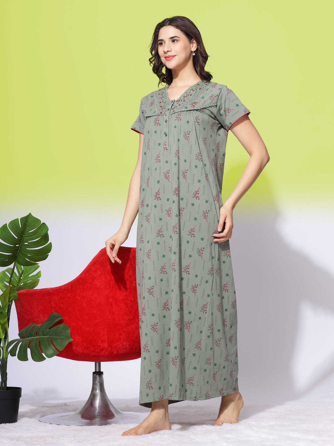  Cotton Blend Nighty  Olive Green Soft Maxi Nightdress - Ultimate Comfort by 9shines Label- 9shines label 