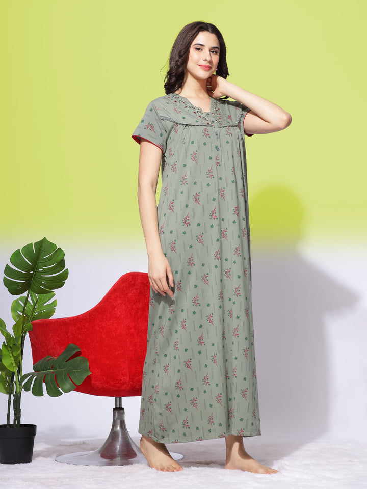  Cotton Blend Nighty  Olive Green Soft Maxi Nightdress - Ultimate Comfort by 9shines Label- 9shines label 