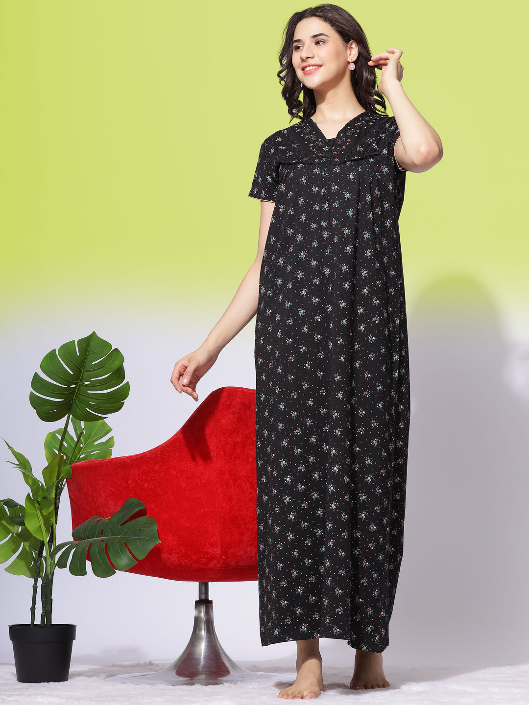  Cotton Blend Nighty  Black Nightdress by 9shines Label - Luxurious Cotton Blend Fabric- 9shines label 