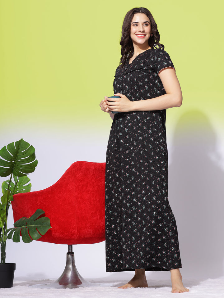  Cotton Blend Nighty  Black Nightdress by 9shines Label - Luxurious Cotton Blend Fabric- 9shines label 