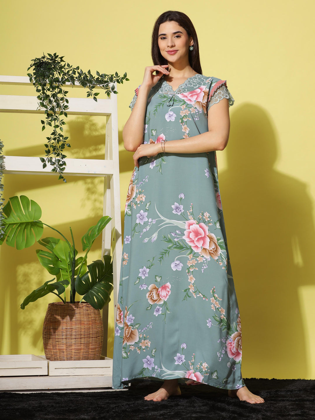  Rayon Designer Nighty  Navy Nighty - Shop Rayon Designer Floral Blue Nighty  - 9shines label 