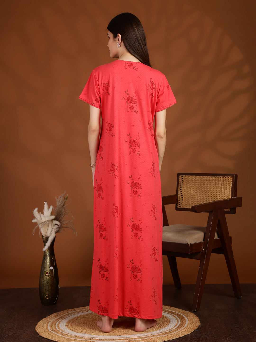 Dark Pink Floral Embroidered Cotton Blend Nightdress for Women