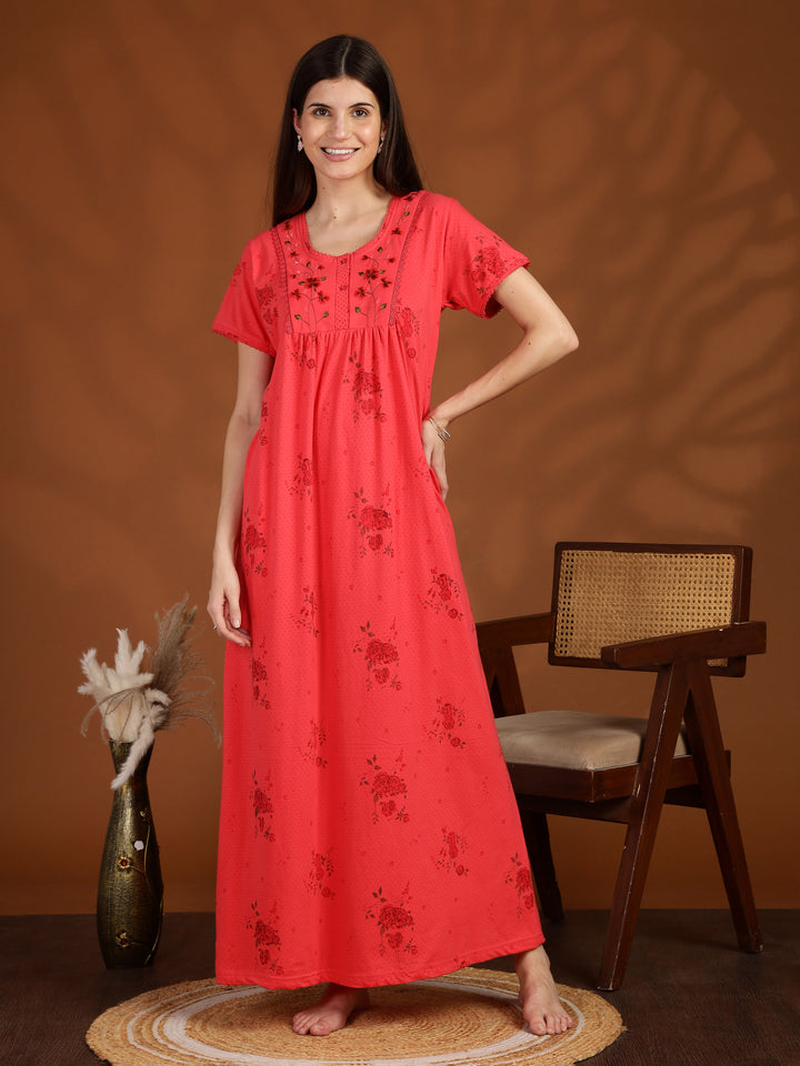 Dark Pink Floral Embroidered Cotton Blend Nightdress for Women