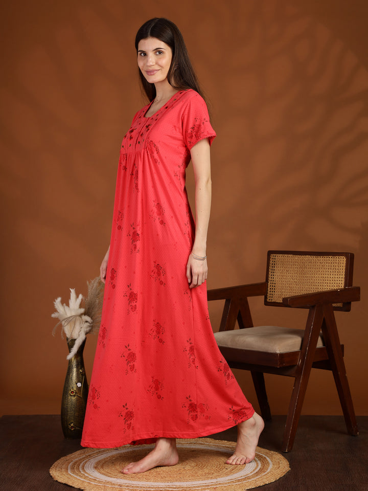 Dark Pink Floral Embroidered Cotton Blend Nightdress for Women