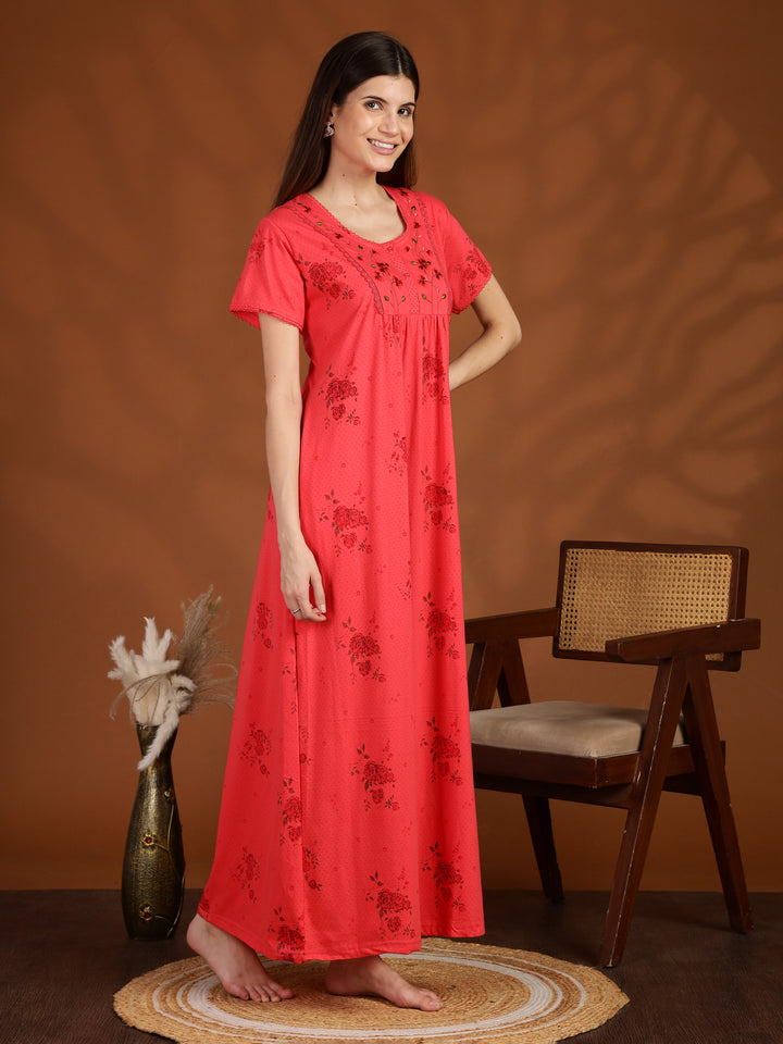 Dark Pink Floral Embroidered Cotton Blend Nightdress for Women