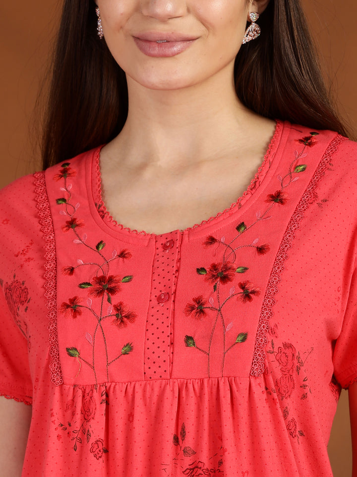 Dark Pink Floral Embroidered Cotton Blend Nightdress for Women