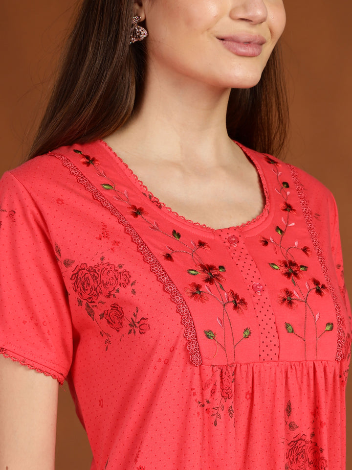 Dark Pink Floral Embroidered Cotton Blend Nightdress for Women