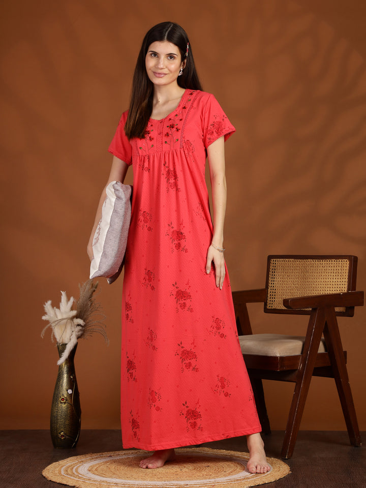 Dark Pink Floral Embroidered Cotton Blend Nightdress for Women