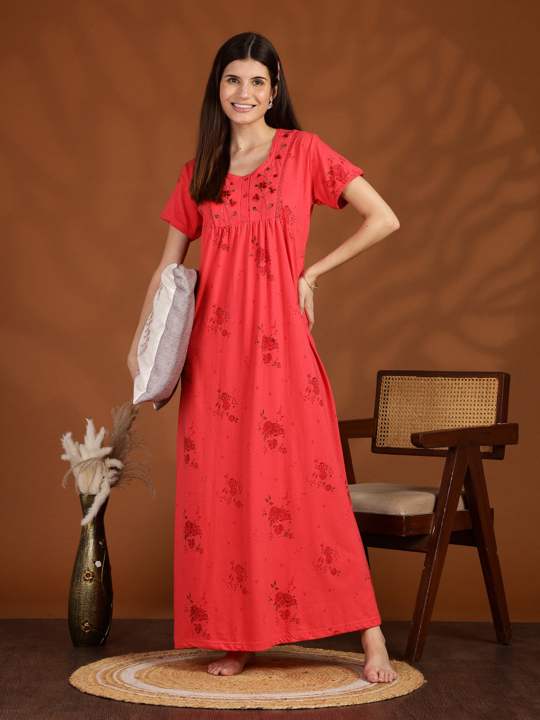 Dark Pink Floral Embroidered Cotton Blend Nightdress for Women