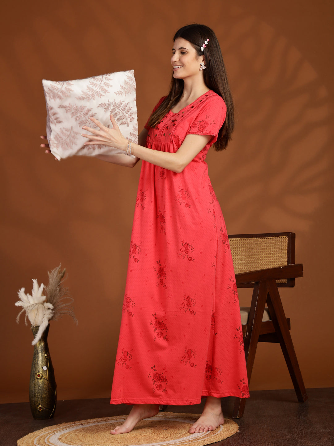 Dark Pink Floral Embroidered Cotton Blend Nightdress for Women