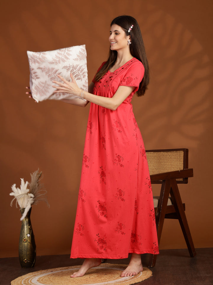 Dark Pink Floral Embroidered Cotton Blend Nightdress for Women
