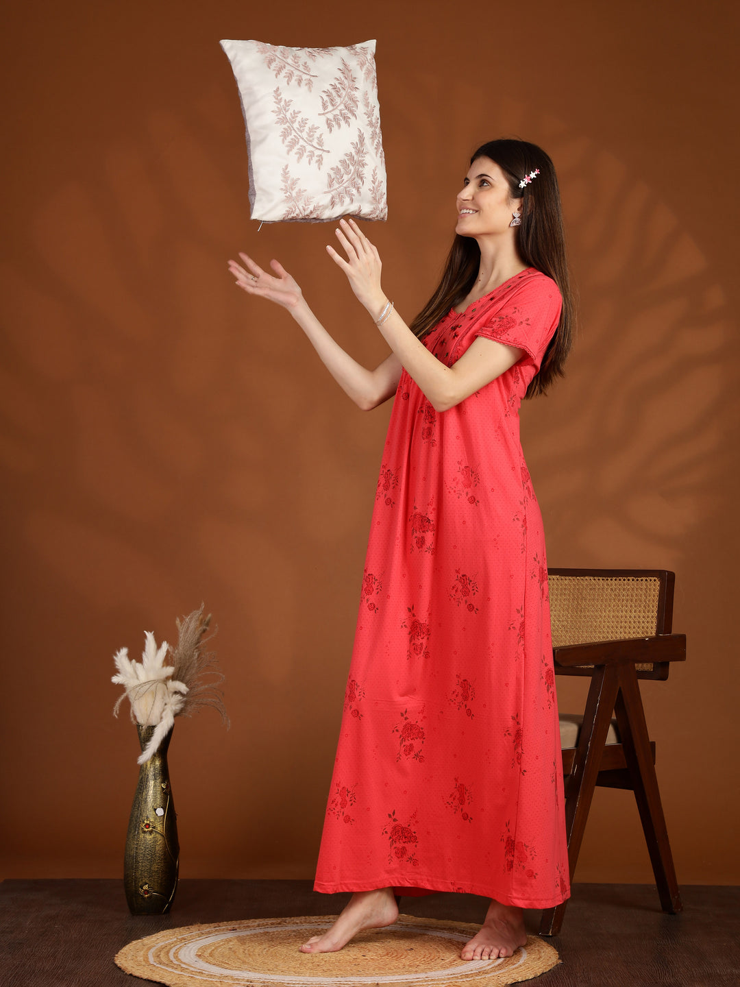 Dark Pink Floral Embroidered Cotton Blend Nightdress for Women