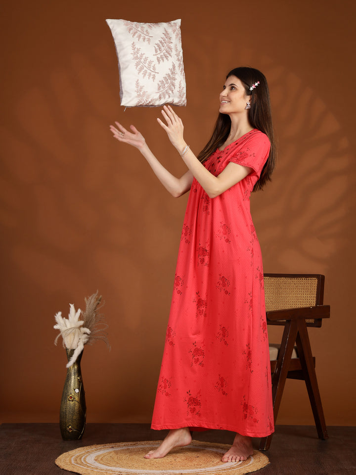 Dark Pink Floral Embroidered Cotton Blend Nightdress for Women