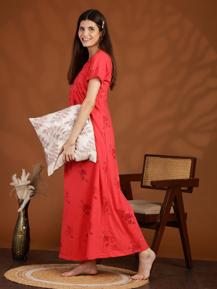 Dark Pink Floral Embroidered Cotton Blend Nightdress for Women