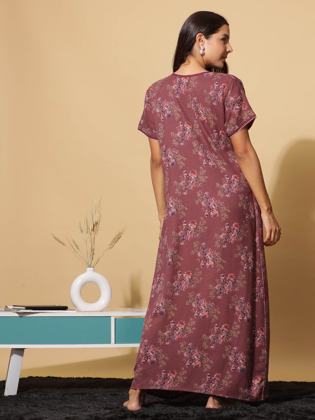  Alpine Nighty  Luxurious Red Wine Alpine Maxi Nighty with Front Buttons & Pocket- 9shines label 