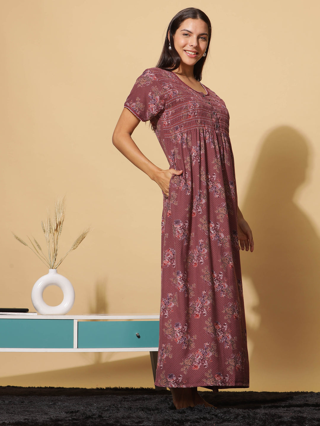  Alpine Nighty  Luxurious Red Wine Alpine Maxi Nighty with Front Buttons & Pocket- 9shines label 