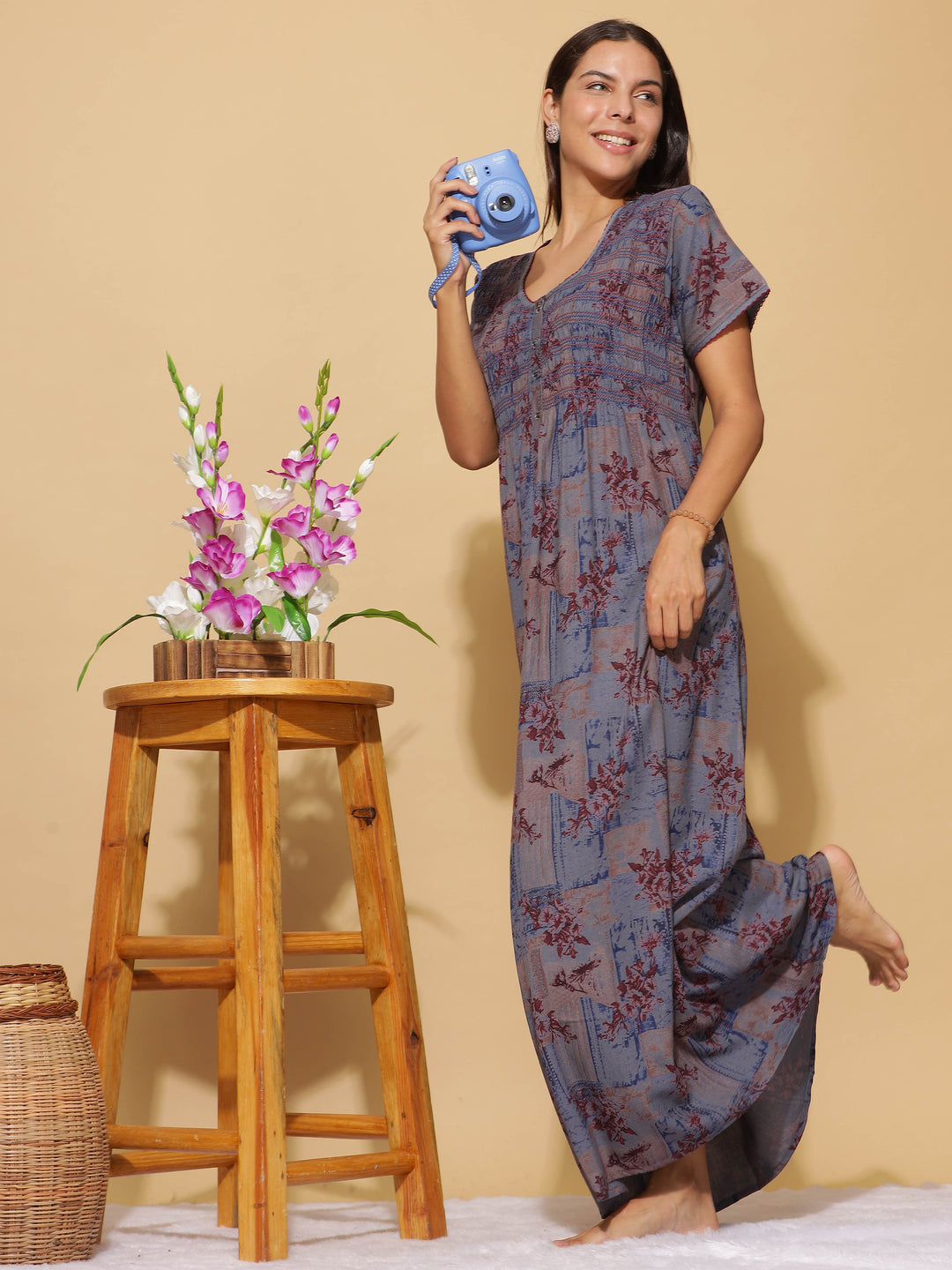  Alpine Nighty  Stylish Pale Blue Alpine Maxi Nighty with Front Buttons & Pocket- 9shines label 