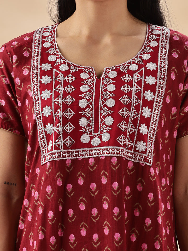 Red Floral Print Pure Cotton Nighty for Women