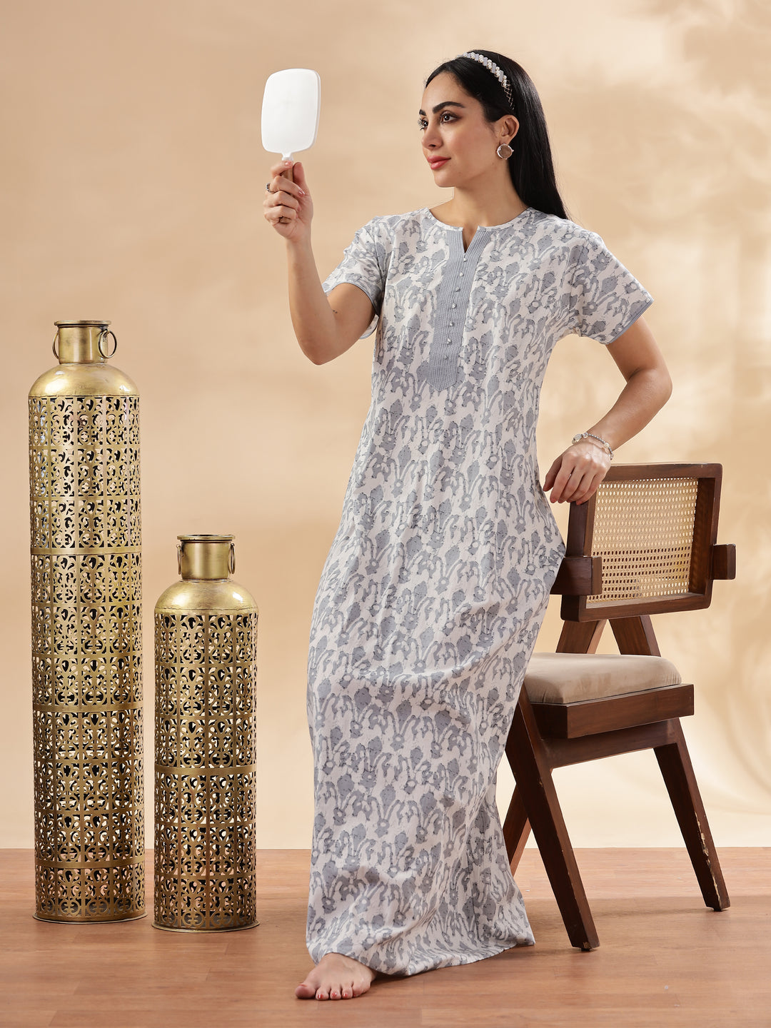 Silver Floral Design Pure Cotton Nighty for Women