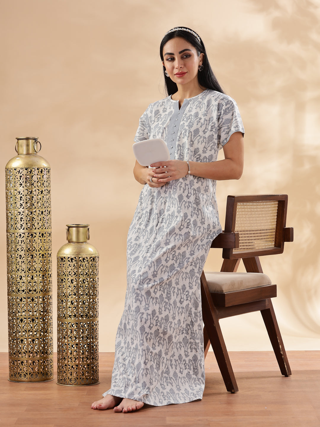 Silver Floral Design Pure Cotton Nighty for Women