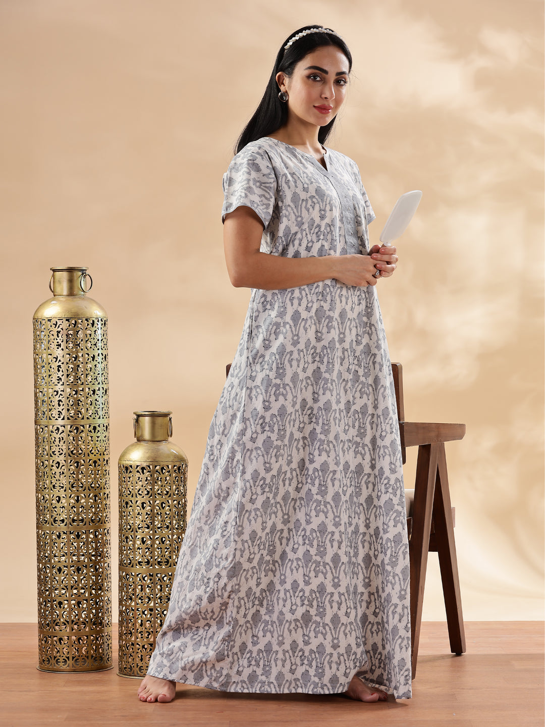 Silver Floral Design Pure Cotton Nighty for Women