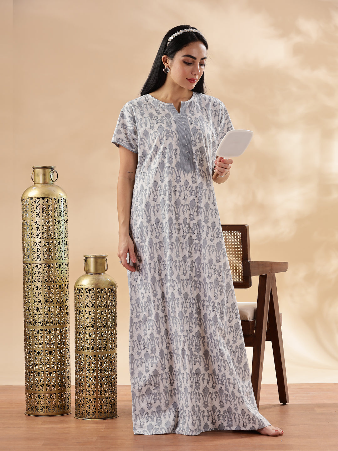 Silver Floral Design Pure Cotton Nighty for Women