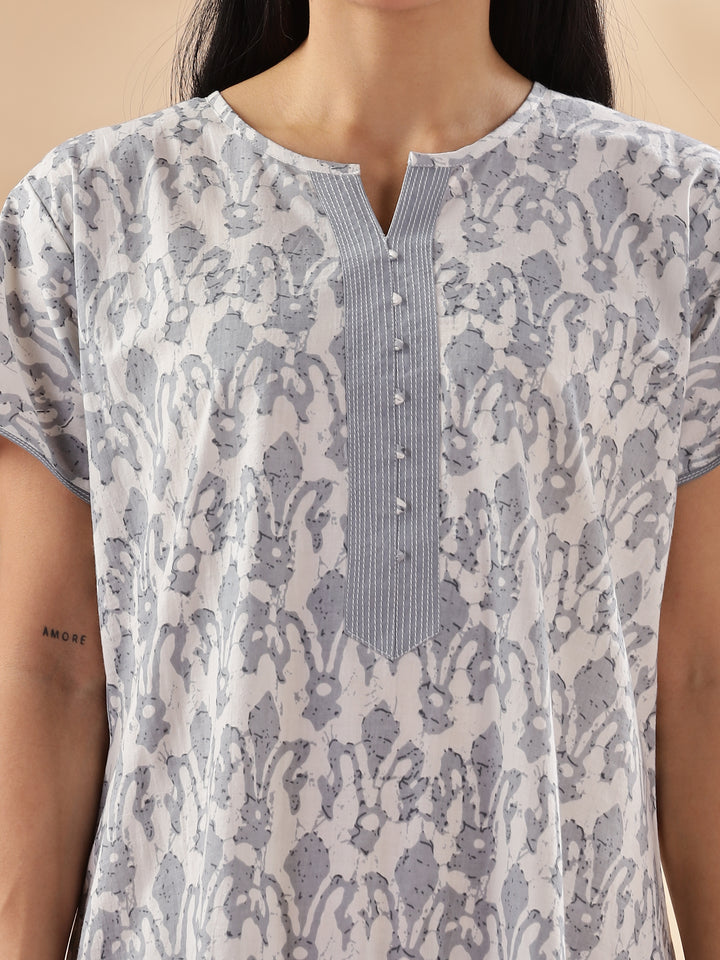 Silver Floral Design Pure Cotton Nighty for Women