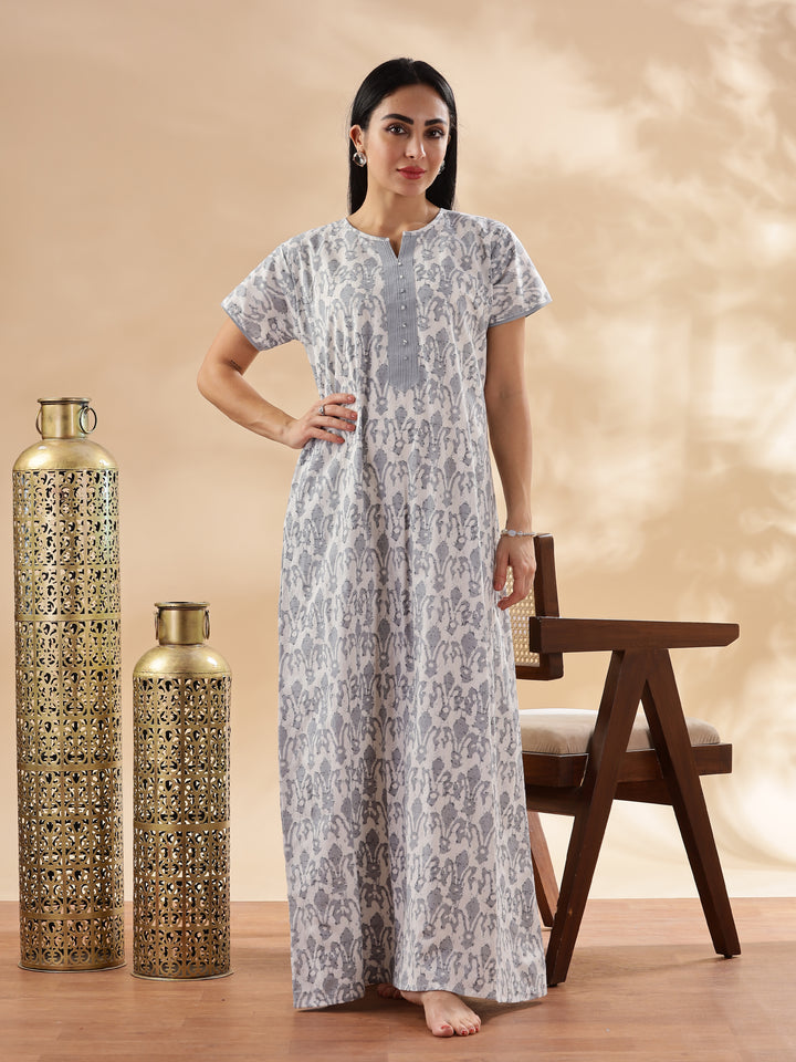 Silver Floral Design Pure Cotton Nighty for Women