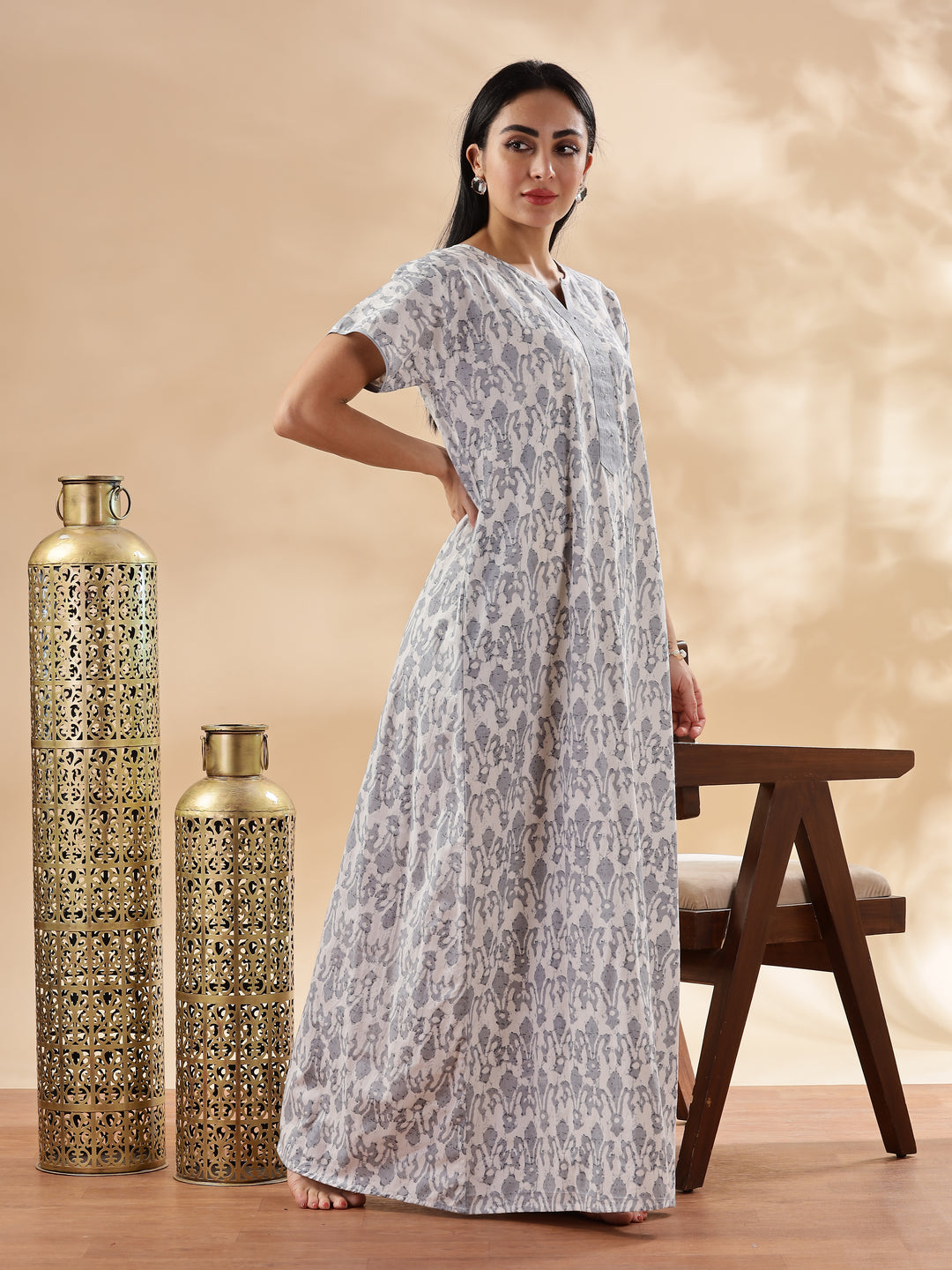 Silver Floral Design Pure Cotton Nighty for Women