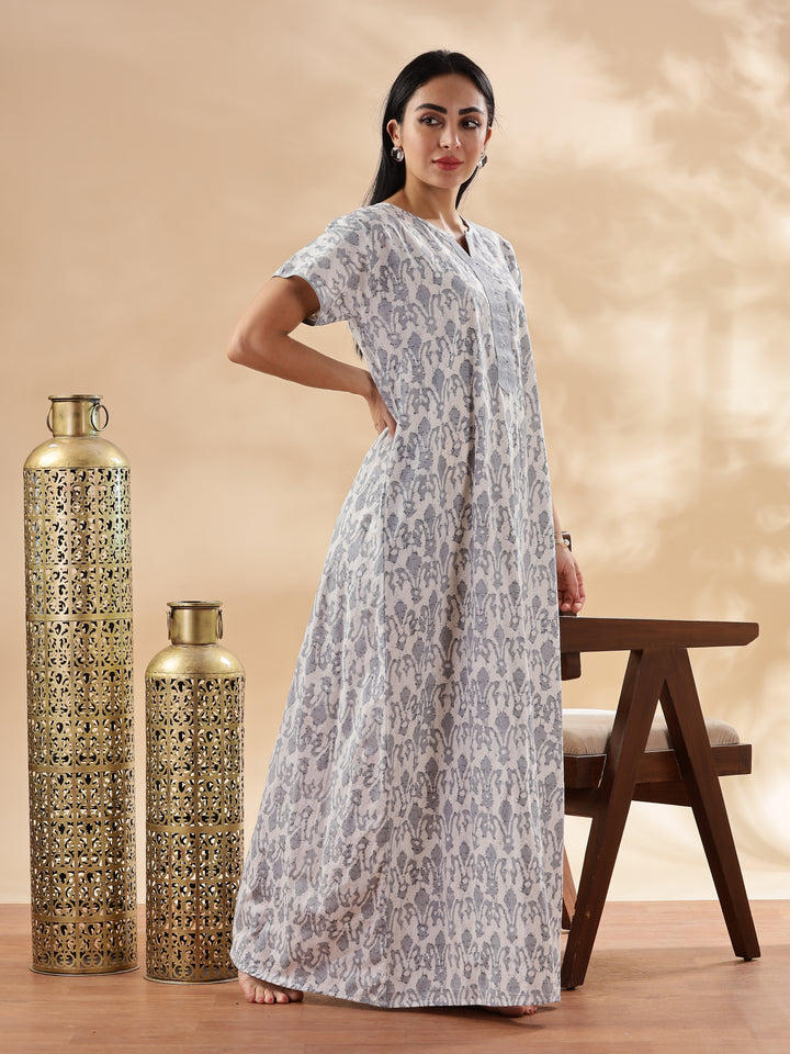 Silver Floral Design Pure Cotton Nighty for Women