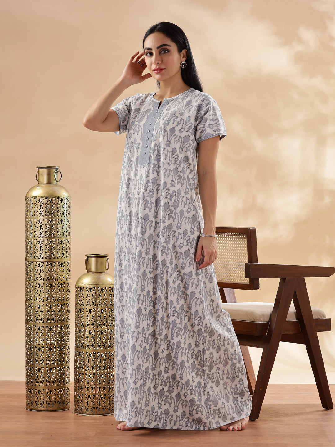 Silver Floral Design Pure Cotton Nighty for Women