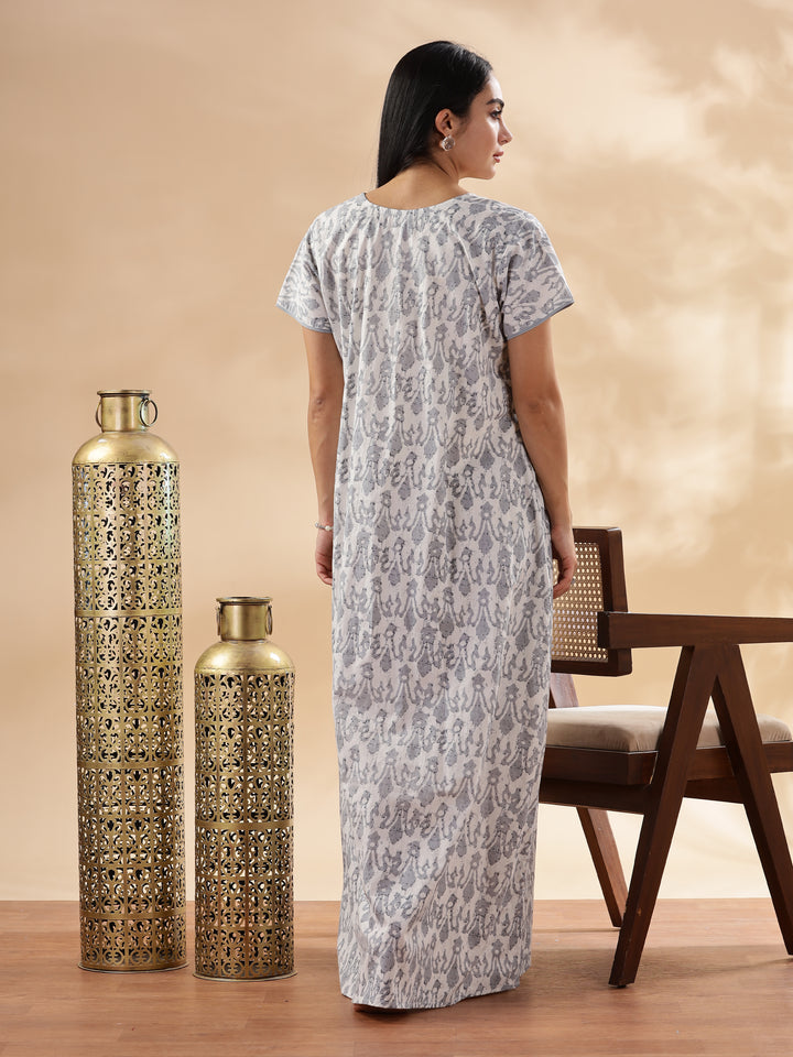 Silver Floral Design Pure Cotton Nighty for Women