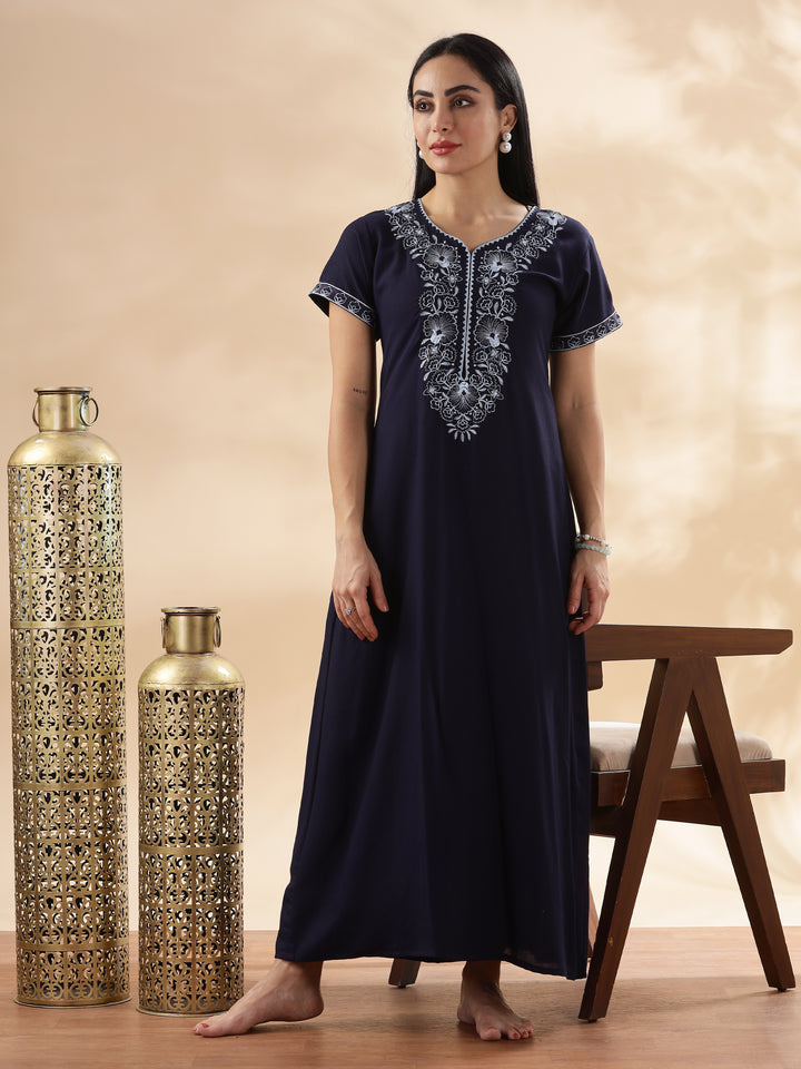 Trendy Midnight Blue Embroidered Floral Nighty for Women