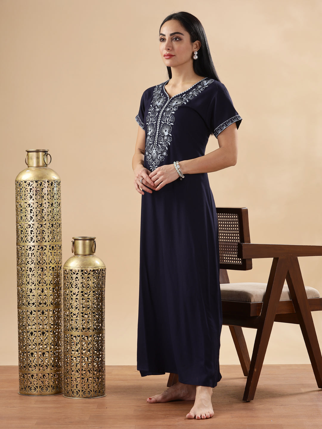 Trendy Midnight Blue Embroidered Floral Nighty for Women