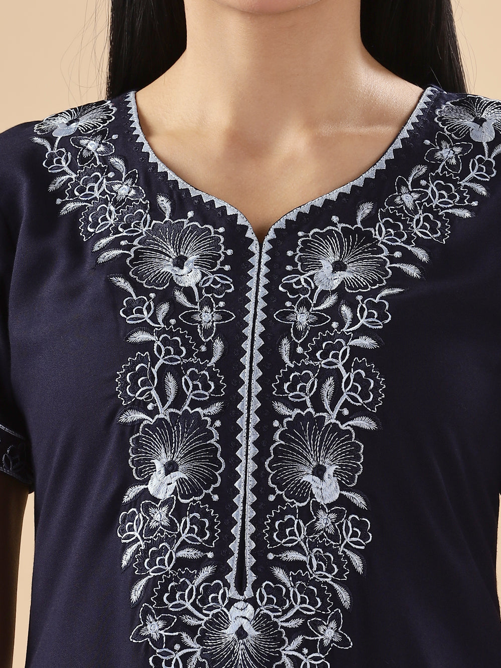 Trendy Midnight Blue Embroidered Floral Nighty for Women