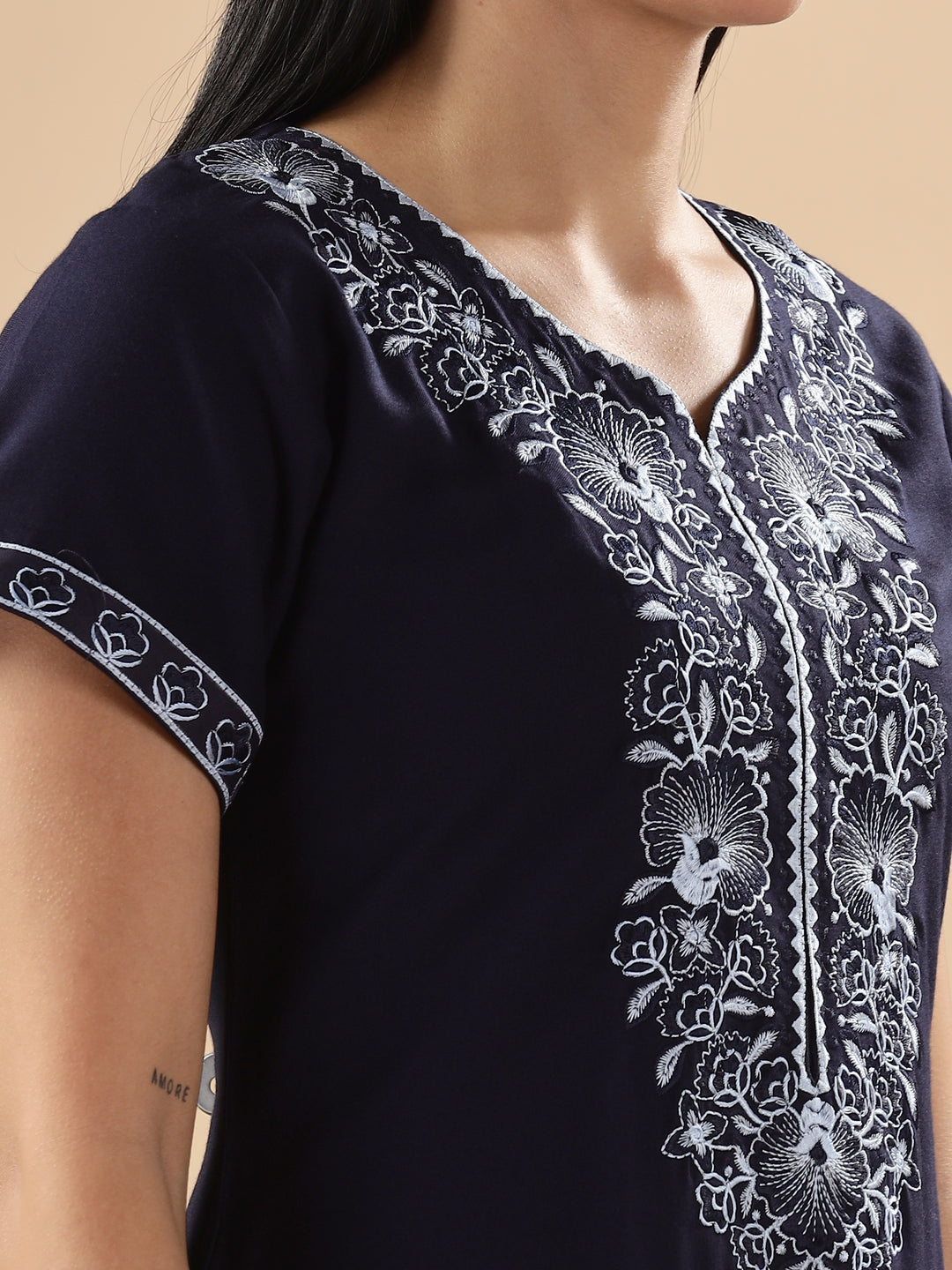 Trendy Midnight Blue Embroidered Floral Nighty for Women