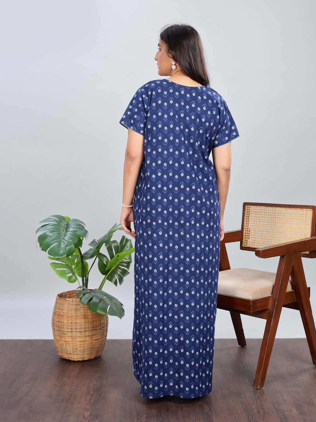 Embroidered Electric Blue Pure Cotton Nighty for Women