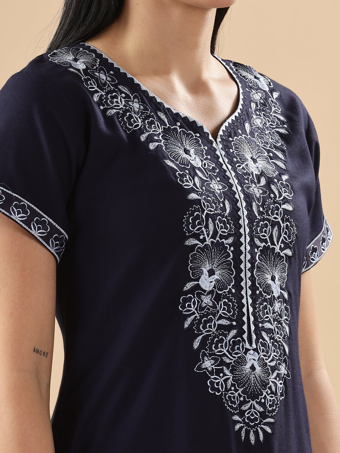 Trendy Midnight Blue Embroidered Floral Nighty for Women