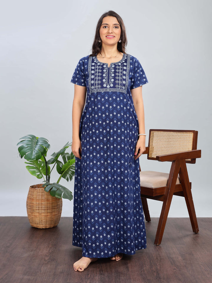 Embroidered Electric Blue Pure Cotton Nighty for Women