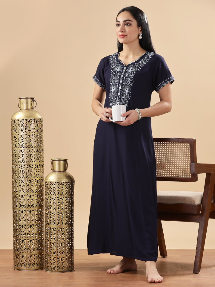 Trendy Midnight Blue Embroidered Floral Nighty for Women